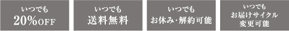 いつでも20％OFF　いつでも送料無料　いつでもお休み・解約可能　いつでもお届けサイクル変更可能